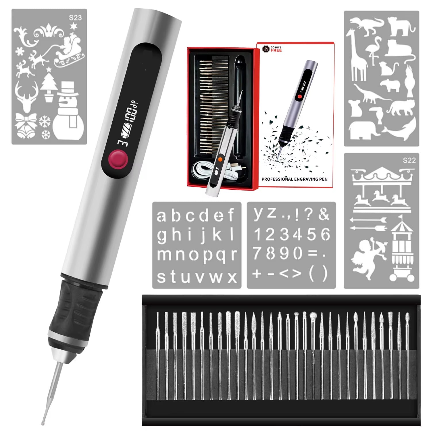 Electric Engraving Pen - LCD Display Multi-Function Nail Drill Kit - Rechargeable Lithium Battery - for Carving & Polishing