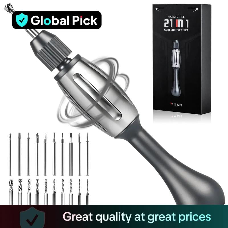 21-In-1 Screwdriver/Hand Drill – Super DIY & Repair Tool: Non-Slip Handle, S2 Precision Bits, Magnetic Quick-Change, Double Bearing Core for Jewelry, Wood, Plastic, Resin