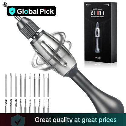 21-In-1 Screwdriver/Hand Drill – Super DIY & Repair Tool: Non-Slip Handle, S2 Precision Bits, Magnetic Quick-Change, Double Bearing Core for Jewelry, Wood, Plastic, Resin