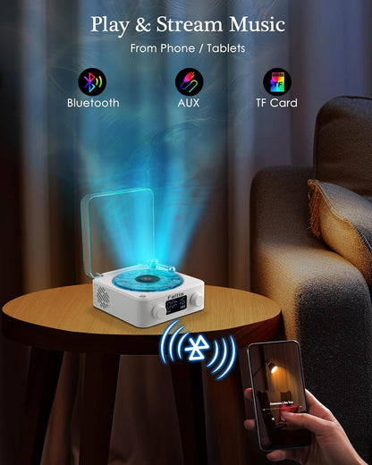 Waves Vinyl Bluetooth Speaker, Vinyl Record Player Style Speaker with Ocean Sound White Noise, Retro Bluetooth Speaker with Ambient Light and Timer, Mini Record Player Cute Speaker, White