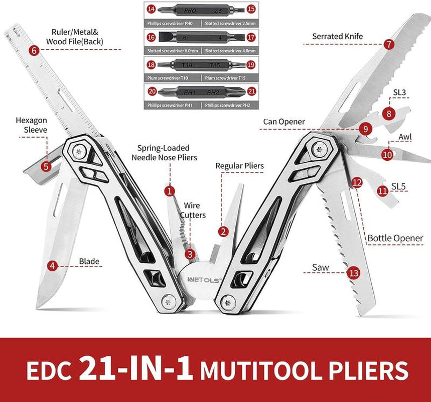 WETOLS 21-In-1 Multitools with Pocket Knife, Stainless Steel Self-Locking Pliers with 8 Screwdriver Bits, Multi Tool Camping Gear, EDC Knife with Pouch for Outdoor Survival
