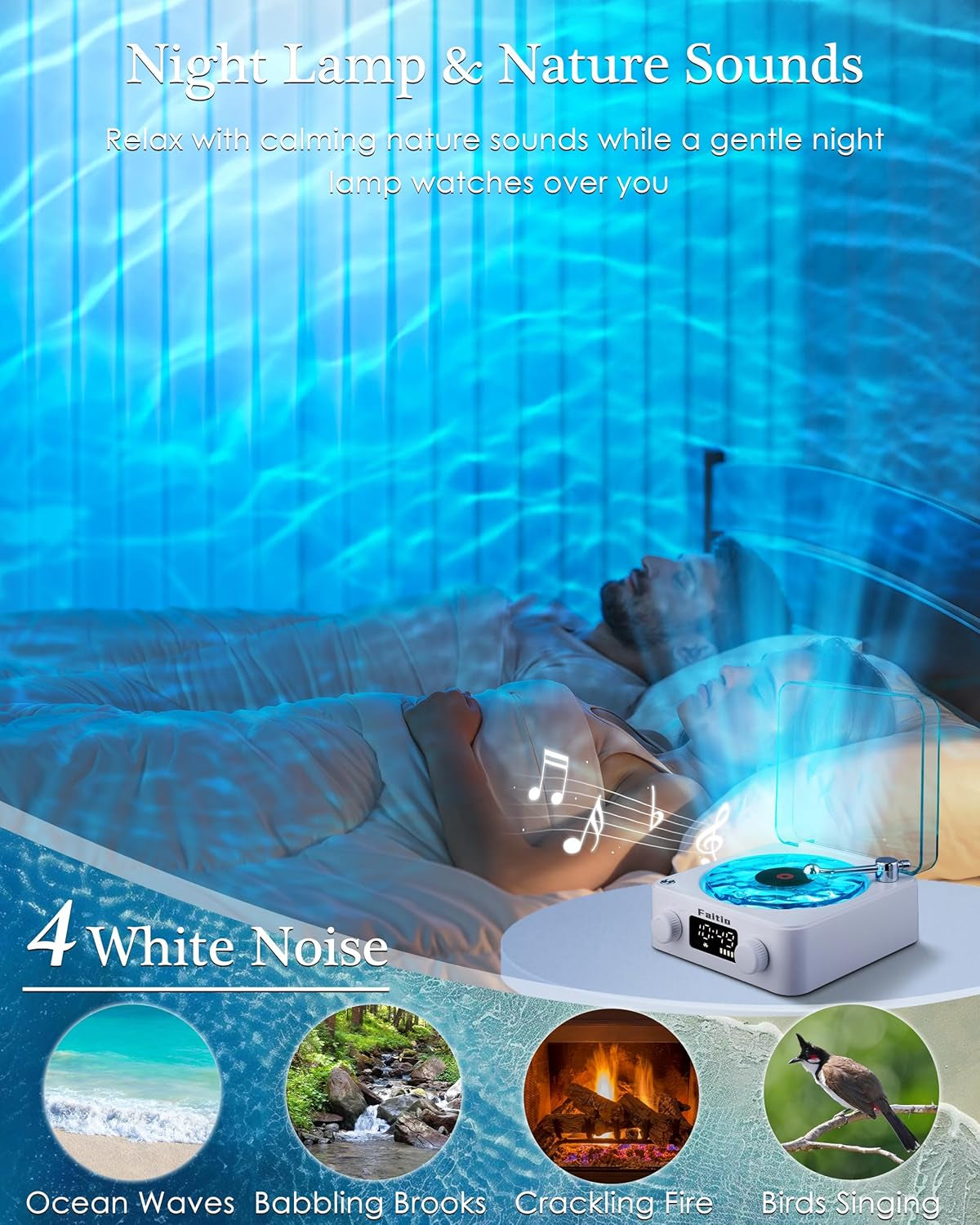 Waves Vinyl Bluetooth Speaker, Vinyl Record Player Style Speaker with Ocean Sound White Noise, Retro Bluetooth Speaker with Ambient Light and Timer, Mini Record Player Cute Speaker, White