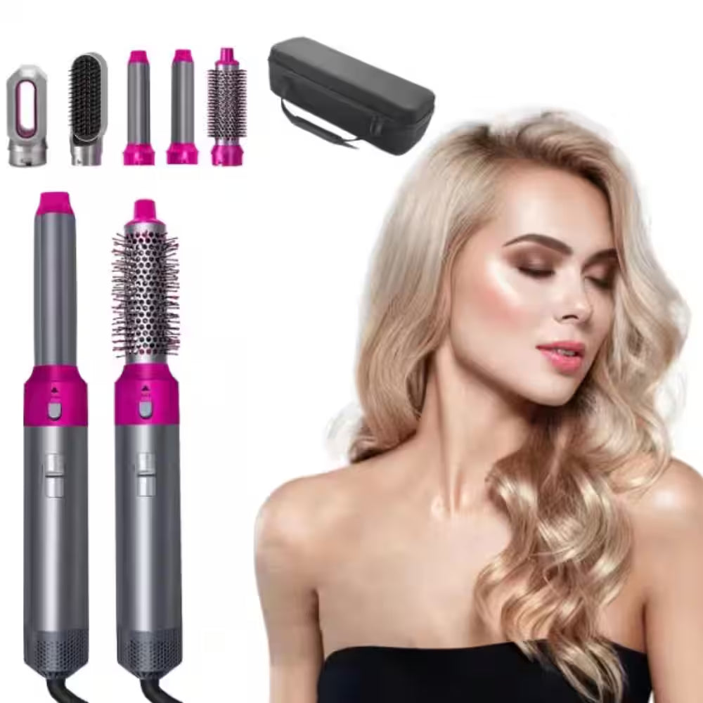 5-In-1 Professional Straightener Volumizer Tool with Negative Ion Curling Set for Hair Styler in Rose Red