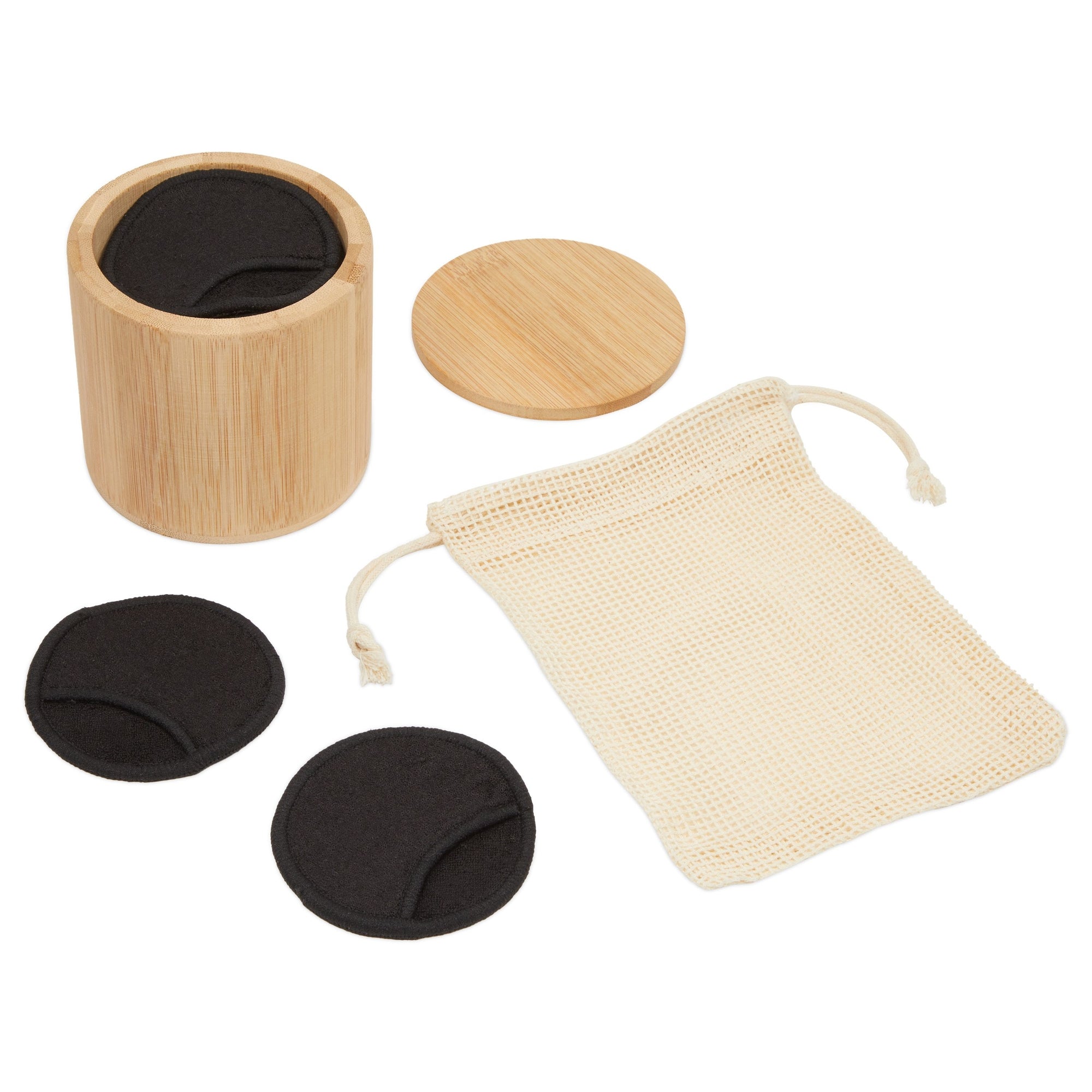 16 Pack Reusable Cotton Rounds for Makeup Removal with Bamboo Holder and Mesh Storage Bag (Black)