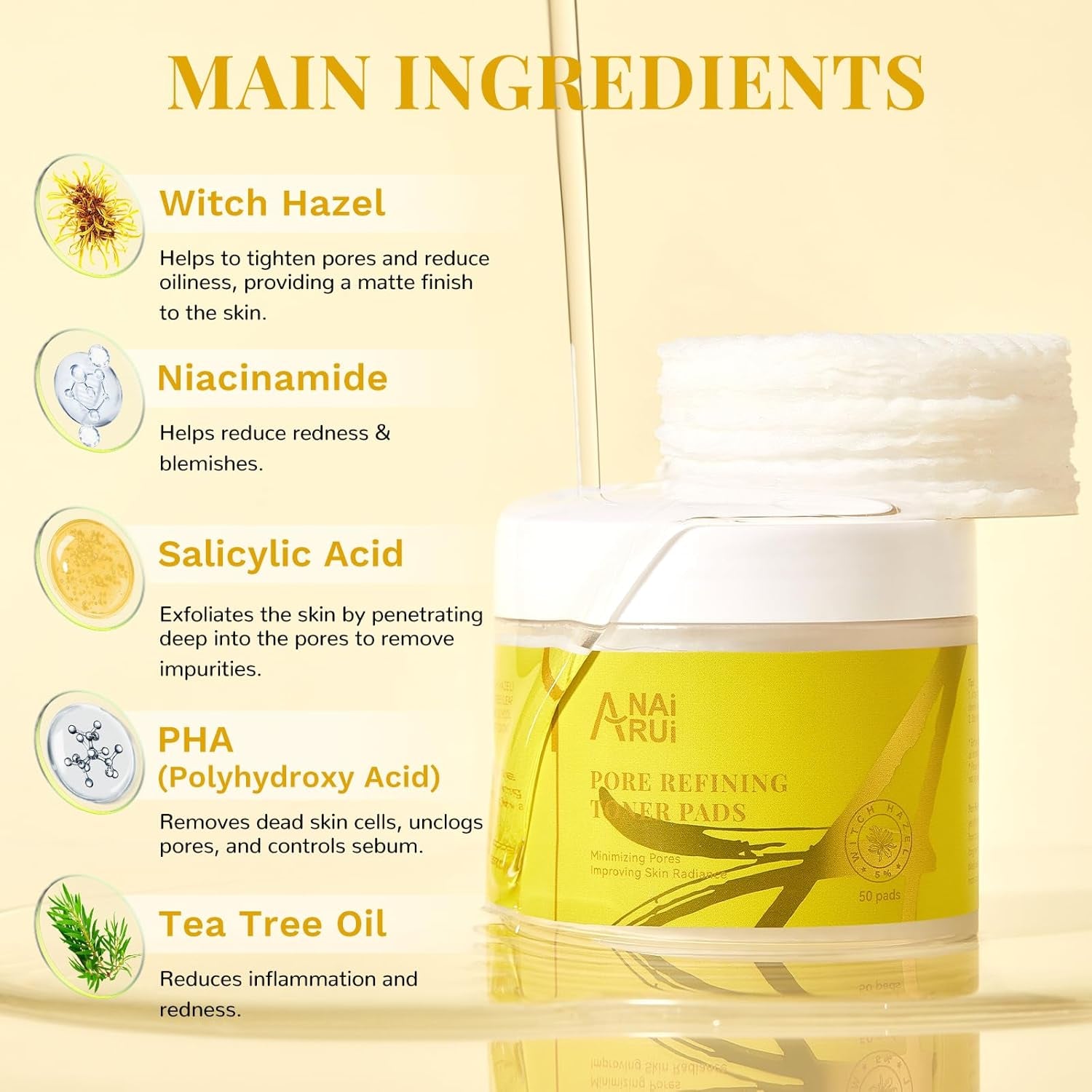 Pore Minimizing Pads, with Witch Hazel, PHA, Salicylic Acid, Niacinamide, Facial Toner for Exfoliation and Minimizing Pores, Improving Skin Tone, 50 Pads