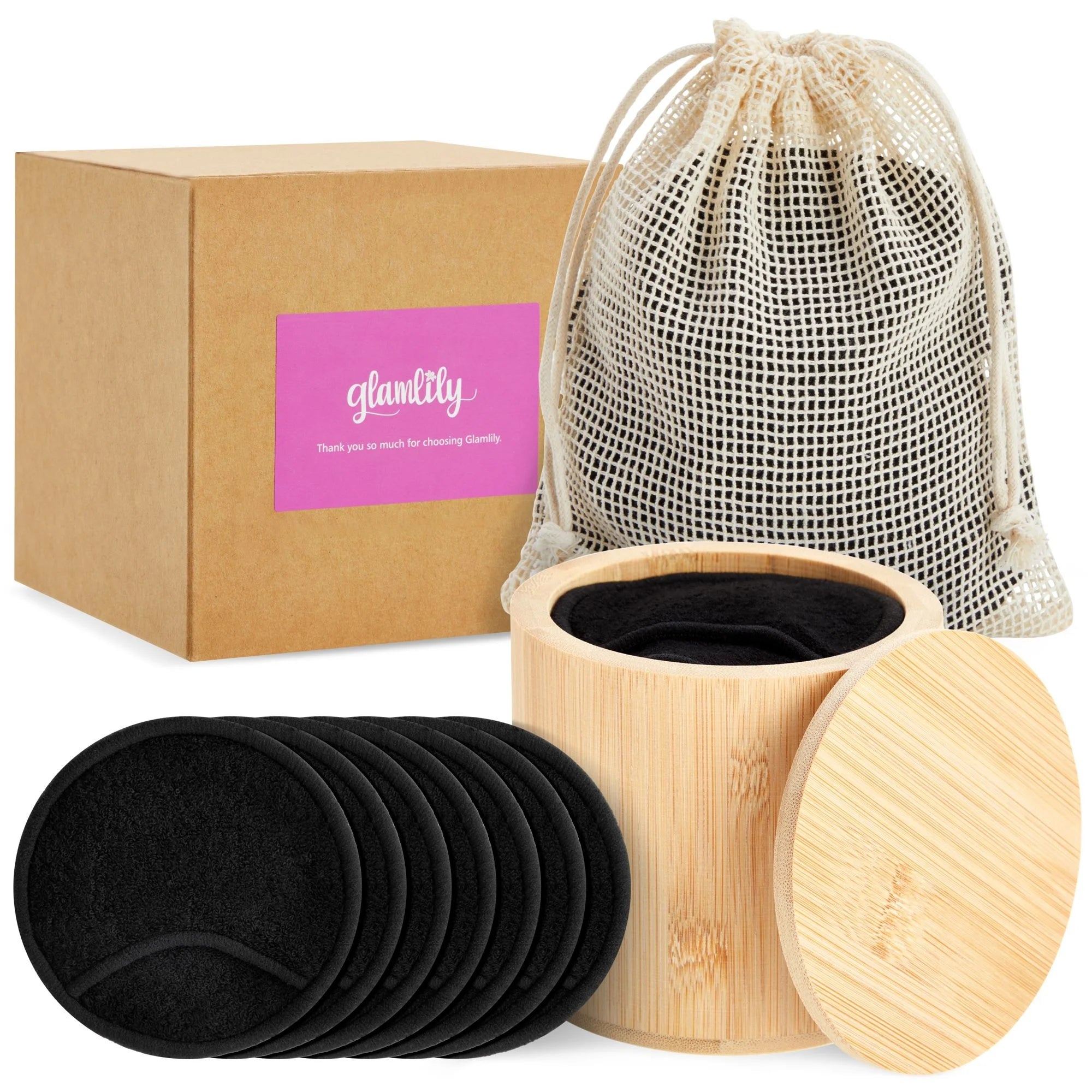 16 Pack Reusable Cotton Rounds for Makeup Removal with Bamboo Holder and Mesh Storage Bag (Black)