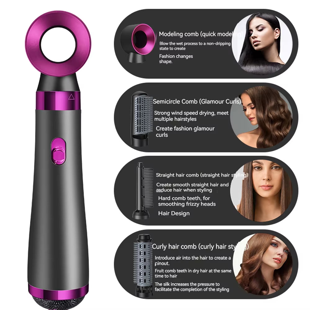 Hot Air Brush 5 in 1 Home Use Multi-Functional Hair Dryer Styler Curler Straightener Comb, 5-In-1 Hair Styling Tool Set Air Com