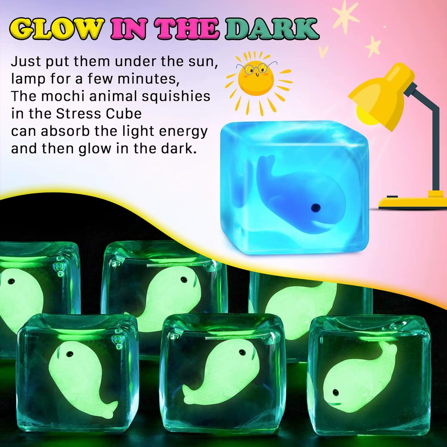 Glow-In-Dark Whale Stress Cube Fidget Toy for Kids & Adults, Sensory Relief Gift
