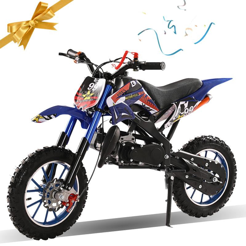 Blue Kids 49Cc 2-Stroke Gas Dirt Bike W/ Dual Disc Brakes & Max 40KM/H