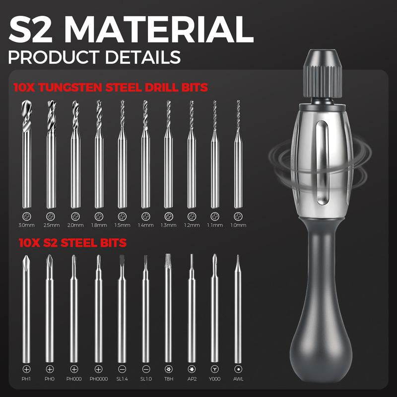 21-In-1 Screwdriver/Hand Drill – Super DIY & Repair Tool: Non-Slip Handle, S2 Precision Bits, Magnetic Quick-Change, Double Bearing Core for Jewelry, Wood, Plastic, Resin
