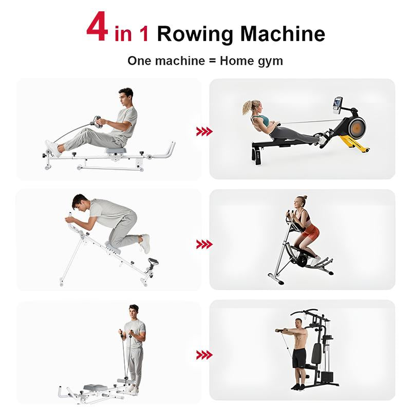4-In-1 Ab-Trainer Combined Rowing Machine with Adjustable Height Levels, Elastic Band Attached Abdominal Machine, Body Training and Exercise for Home Stretching Gear