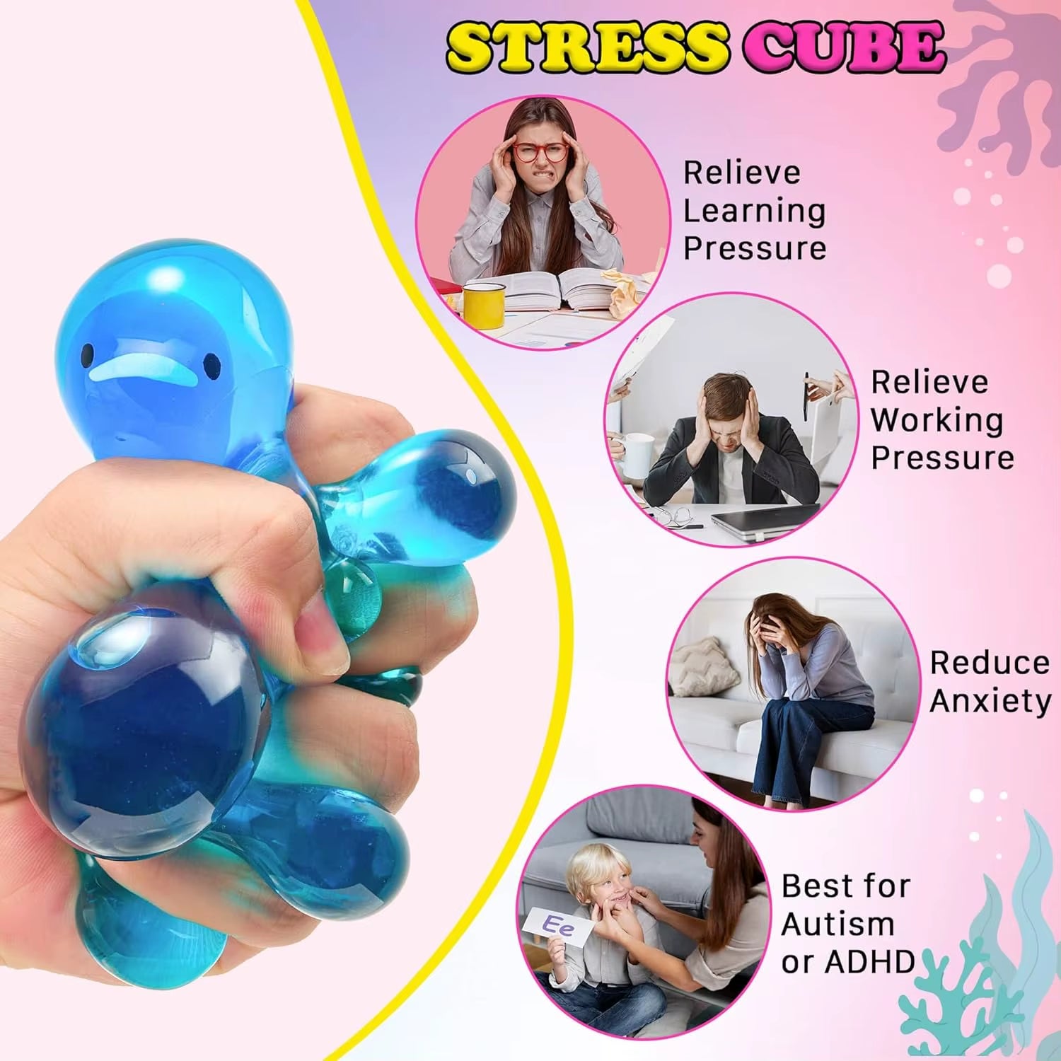 Glow-In-Dark Whale Stress Cube Fidget Toy for Kids & Adults, Sensory Relief Gift
