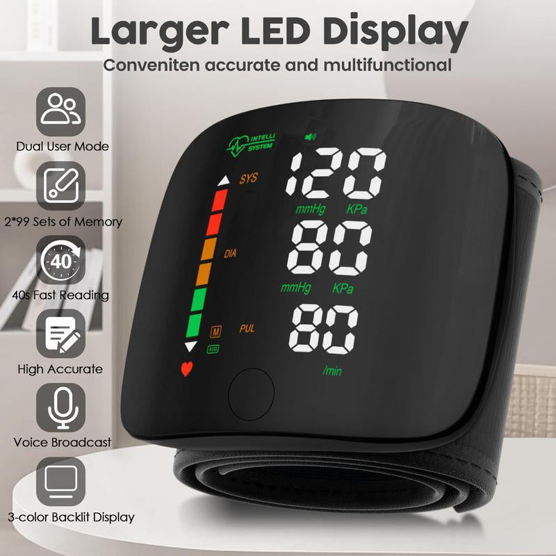 Rechargeable Wrist Blood Pressure Monitor with LED Touch Screen, Voice Broadcast & 99X2 Memory — Accurate Home BP Tracking Made Simple