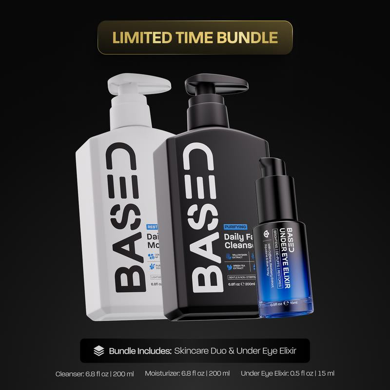 BASED Essential Skin Set | under Eye Elixir, Daily Cleanser, Daily Moisturizer | Simple, Effective, Based.