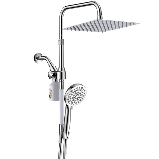 10'' Dual Filtered Rainfall Shower Head Combo, High Pressure Handheld Shower Head with 16'' Adjustable Extension Arm, 8 Stage Shower Filter, 6-Spray, 71'' Shower Hose
