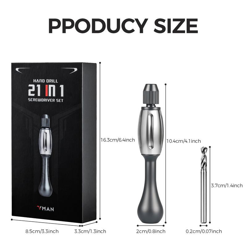 21-In-1 Screwdriver/Hand Drill – Super DIY & Repair Tool: Non-Slip Handle, S2 Precision Bits, Magnetic Quick-Change, Double Bearing Core for Jewelry, Wood, Plastic, Resin
