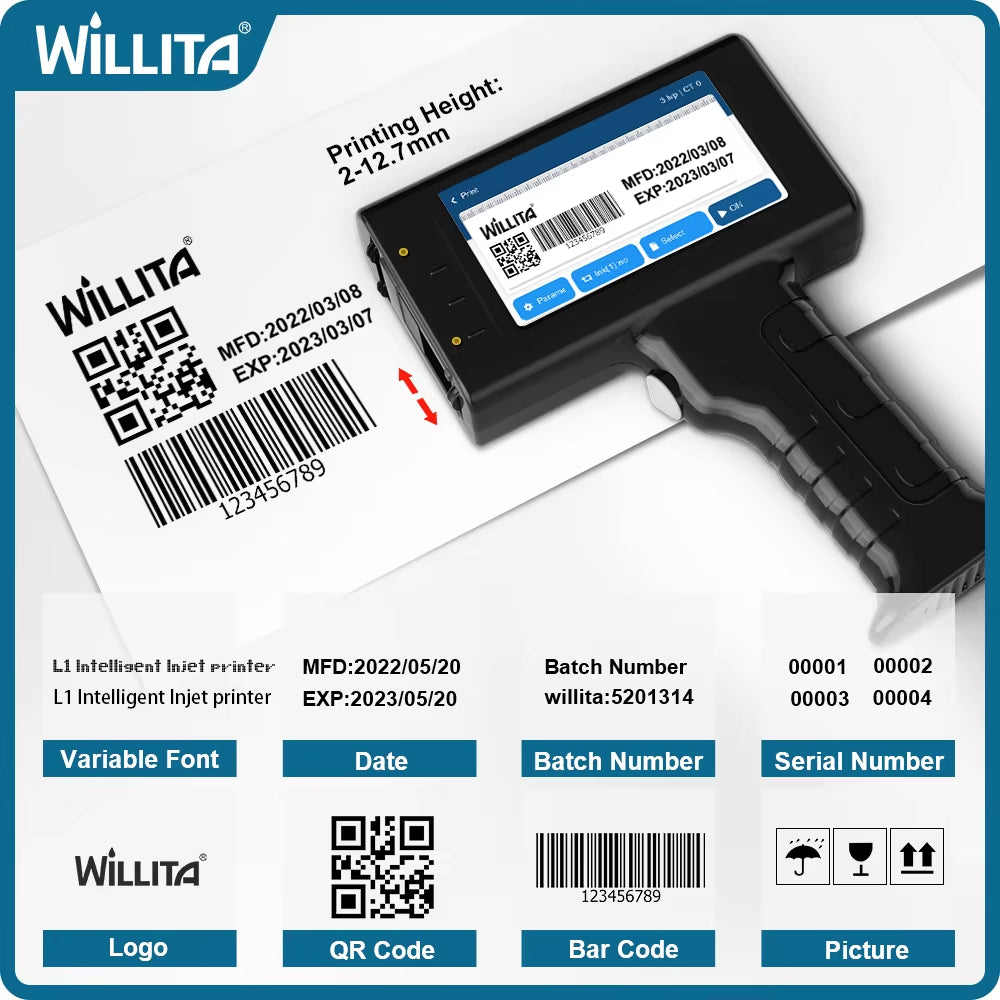 Portable Handheld Inkjet Printer - Date/Batch No./Barcode/Qr Code/Logo Printer for Labels Coding Industrial Inkjet Coder