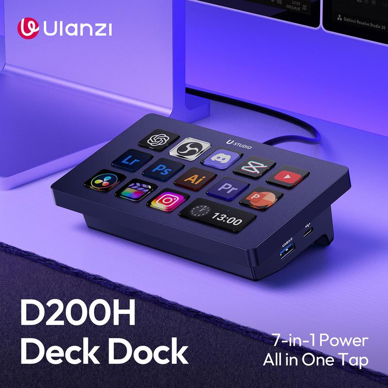 Ulanzi D200H Gaming Stream Controller,Control Pad, 7-In-1 Deck U-Studio Stream Controller Keyboard，With 14 LCD Keys, 13 Customizable Macro Keys Dock to Control Apps and Software, Trigger Actions in OBS, Twitch, Youtube, for Mac/Pc