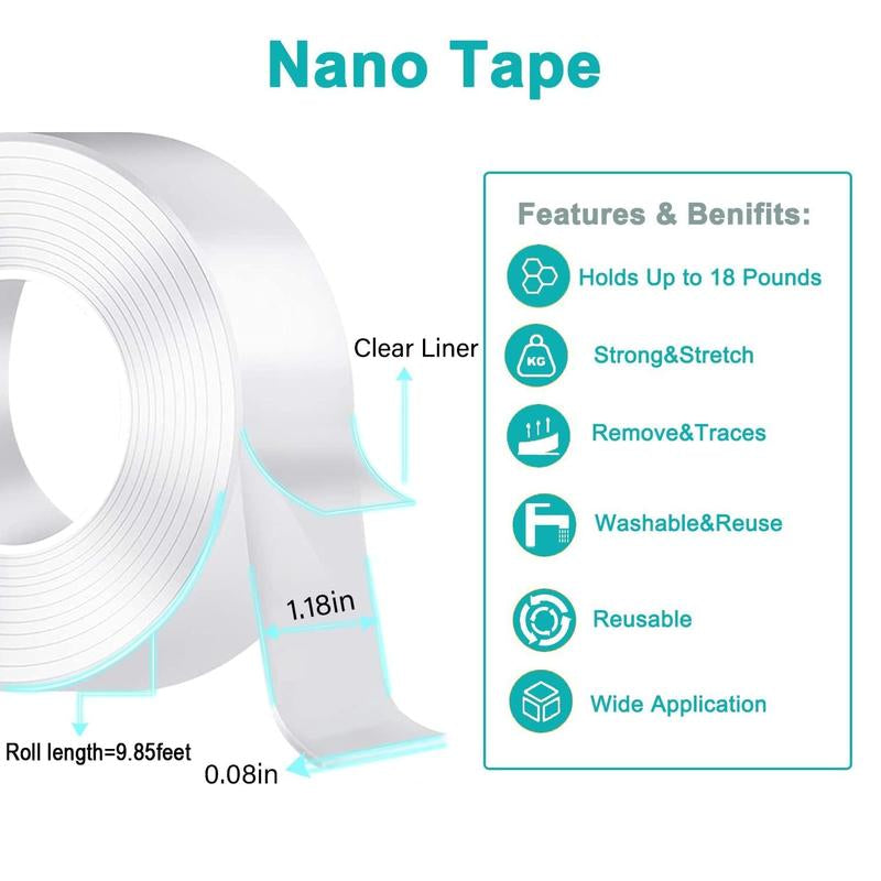 Heavy Duty(9.85Ft), Nano Double Sided Adhesive Tape, Clear Mounting Tape Picture Hanging Adhesive Strips. Double Sided Tape Heavy Duty(9.85Ft), Nano Double Sided Adhesive Tape, Clear Mounting Tape Picture Hanging Adhesive Strips.