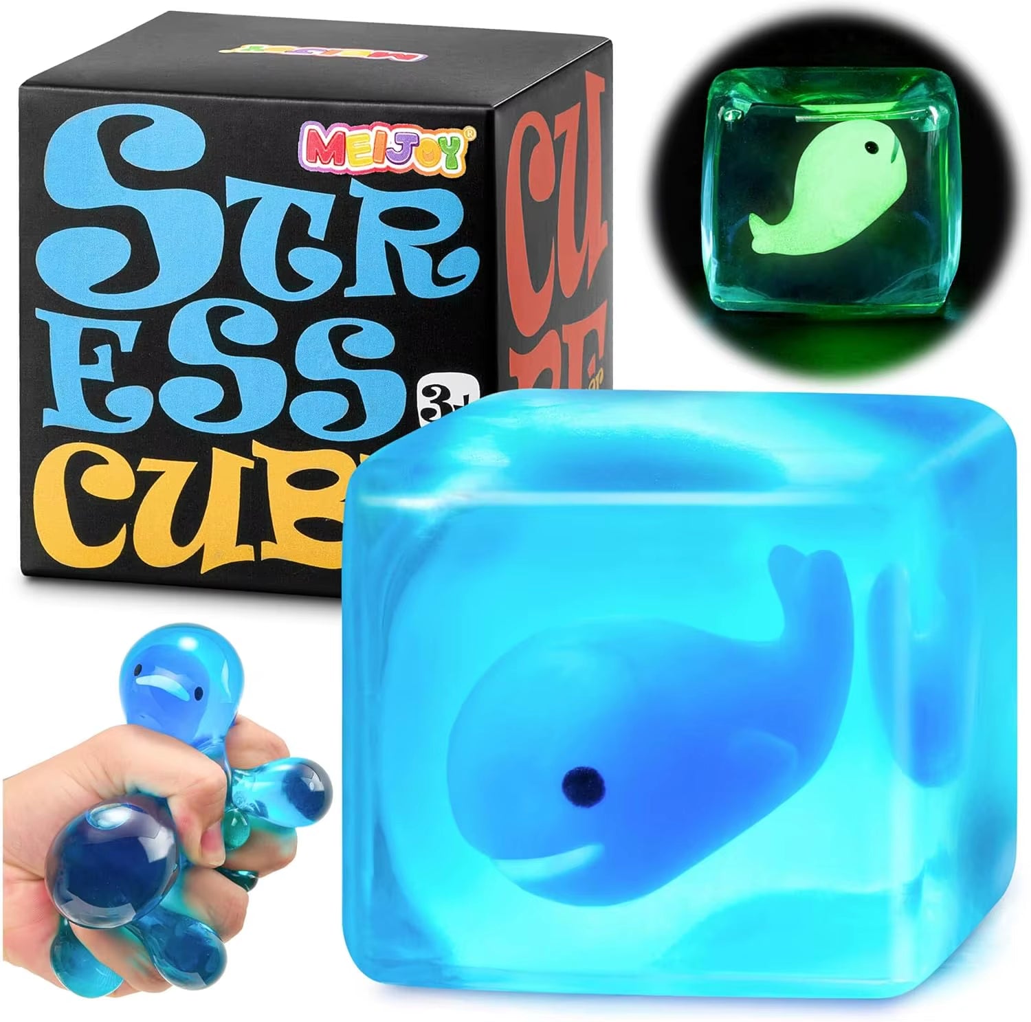 Glow-In-Dark Whale Stress Cube Fidget Toy for Kids & Adults, Sensory Relief Gift
