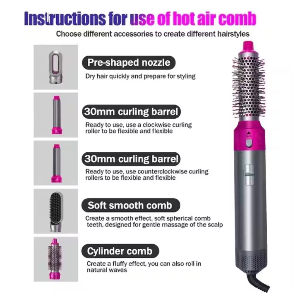 5-In-1 Professional Straightener Volumizer Tool with Negative Ion Curling Set for Hair Styler in Rose Red