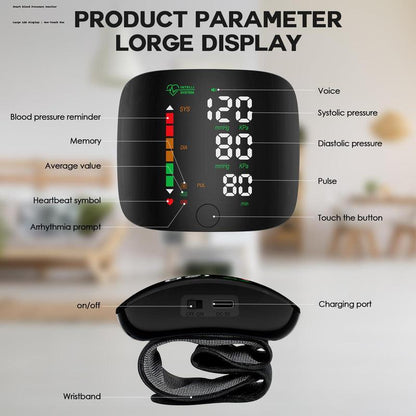 Rechargeable Wrist Blood Pressure Monitor with LED Touch Screen, Voice Broadcast & 99X2 Memory — Accurate Home BP Tracking Made Simple