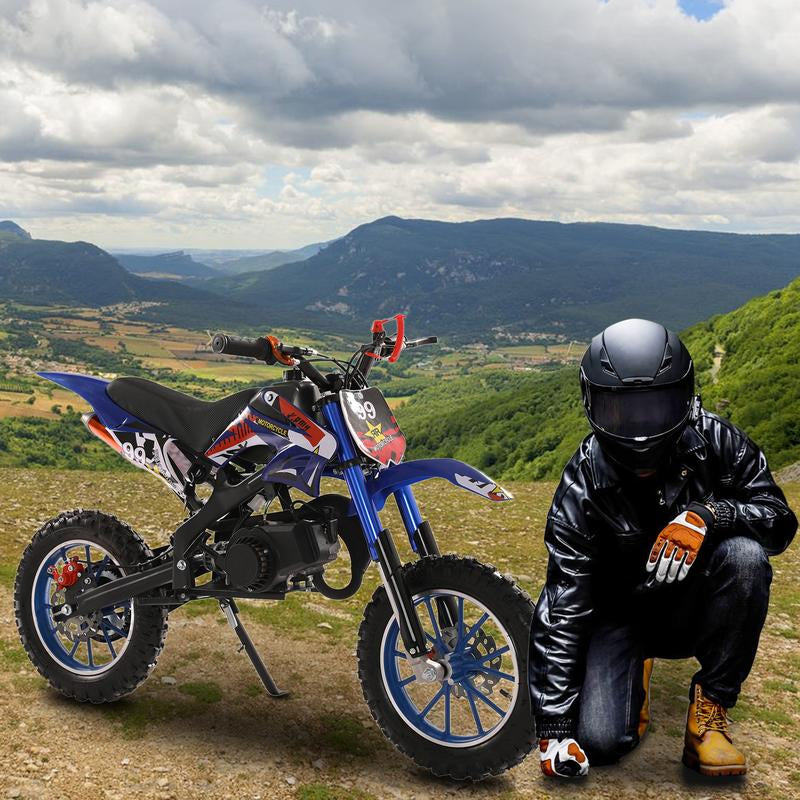 Blue Kids 49Cc 2-Stroke Gas Dirt Bike W/ Dual Disc Brakes & Max 40KM/H