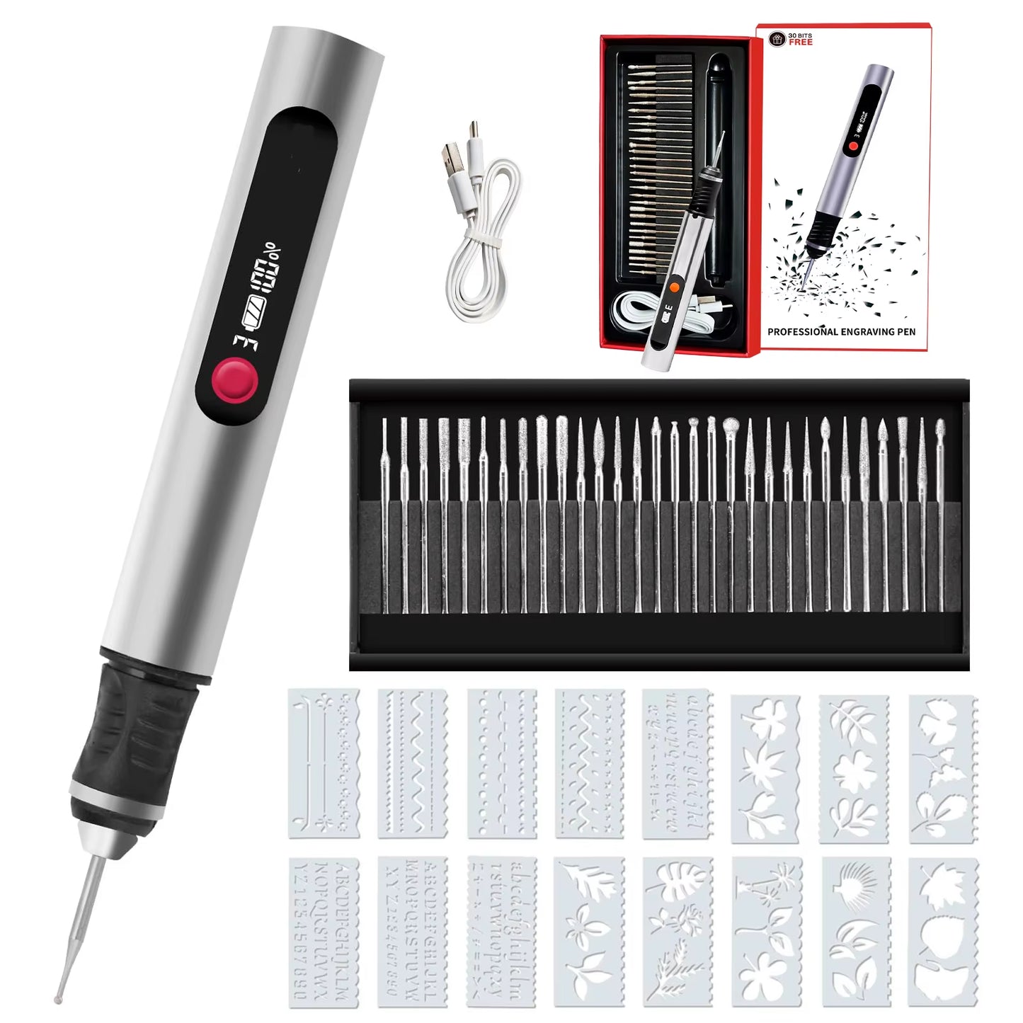 Electric Engraving Pen - LCD Display Multi-Function Nail Drill Kit - Rechargeable Lithium Battery - for Carving & Polishing